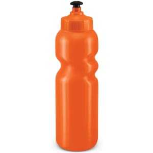 An orange drink bottle with a textured grip and a flip-top lid. It features a logo on the side.