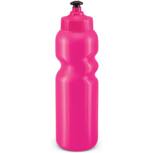 A drink bottle in bright pink, featuring a textured grip and a black push-pull lid.