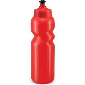 A drink bottle with a textured grip and a push-pull nozzle, featured in a vibrant red color.