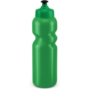 A drink bottle in a vibrant green color with a twist-top cap and an ergonomic grip design.