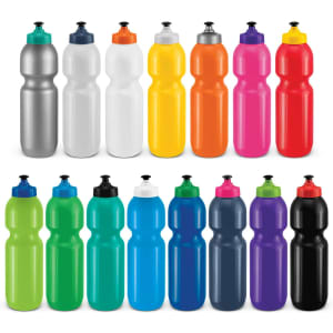 A range of drink bottles in various colours, including silver, white, yellow, pink, green, blue, and black. Each bottle features a cap and has branding.