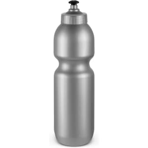 A drink bottle featuring a sleek silver design with a black nozzle cap.