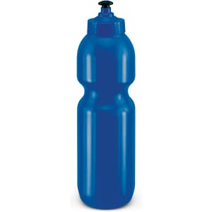 A drink bottle in a vibrant blue color with a squeeze design and a black top nozzle.