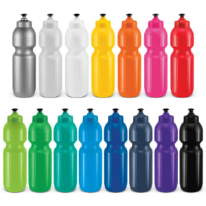 A drink bottle featuring a variety of colours, including silver, white, yellow, pink, green, blue, and black, with a logo.