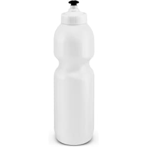 A drink bottle with a sleek, white design and a black dispensing nozzle on top.