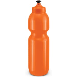 A drink bottle in bright orange with a black spout and a rounded design. Features a logo.