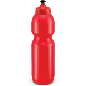 A drink bottle in bright red color with a wide body and a secure flip-top cap.