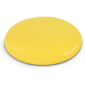 A yellow flying disc featuring a smooth surface and raised concentric rings.
