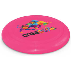 A large pink frisbee featuring a colorful geometric bull design and the text "creabulls."