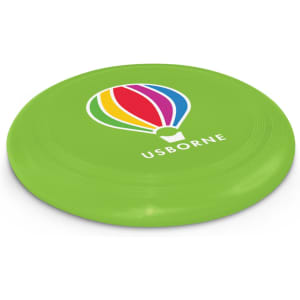 A green flying disc with a colorful hot air balloon graphic and the word "USBORNE" printed on it.