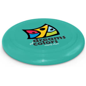 A large teal frisbee with a colorful logo featuring the text "dreams of colors" and the tagline "company slogan."