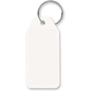 A key ring with a blank white tag attached, ideal for labeling or personalization.