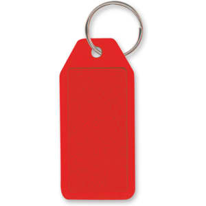 A red budget key ring with a blank rectangular tag for customization.