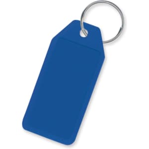 A blue key ring in the shape of a tag with a metal keyring attachment.