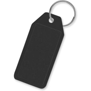 A black key ring in the shape of a tag with a blank surface, suitable for customization.