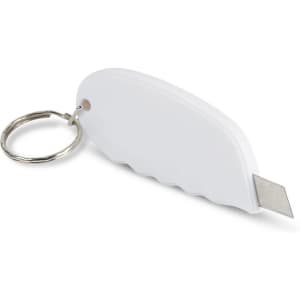 A Mini Cutter Key Ring featuring a sleek white design with a retractable blade and a metal key ring attachment.
