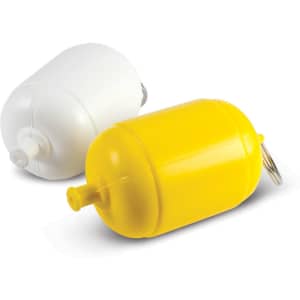 A yellow and white floating key ring with a key attachment, featuring a round, buoyant design.