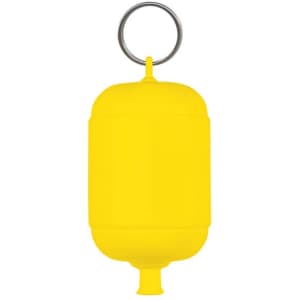 A floating key ring in bright yellow color, featuring a keychain attachment and a buoyant design.