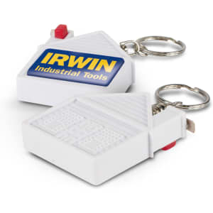 A house-shaped tape measure key ring in white, featuring a logo and a metal keyring attachment.
