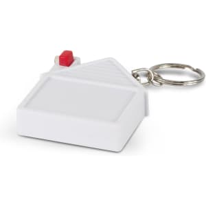 A house-shaped tape measure key ring featuring a red button and a keychain attachment.