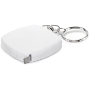 A white tape measure key ring with a silver keychain attachment.