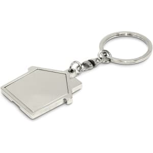 A House Metal Key Ring featuring a house-shaped design with a shiny silver finish and a sturdy keychain attachment.