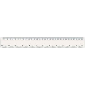 A transparent ruler with metric and imperial measurements, featuring a branded logo on one side.