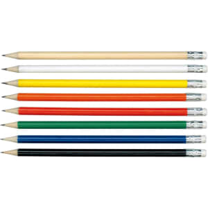 A collection of eight HB pencils in various colours: red, yellow, green, blue, black, white, and natural wood.