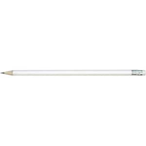 A HB pencil with a white body and sharpened grey lead.