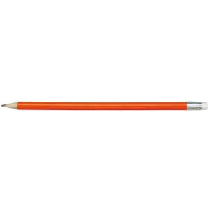An HB pencil with an orange body and a silver ferrule.