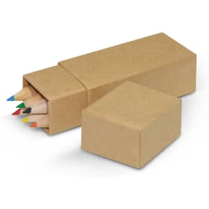 A coloured pencil set featuring multiple pencils in green, blue, yellow, orange, and red, packaged in a simple kraft box.