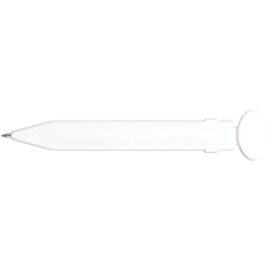 A plastic pen designed to adhere to magnetic surfaces, featuring a sleek white design and a round magnet on the top end.