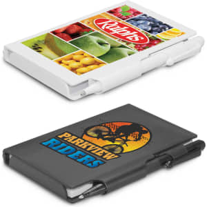 Two pocket-sized notebooks displayed, one with a white cover featuring colourful fruit images and the other in black with a bicycle design and logo.