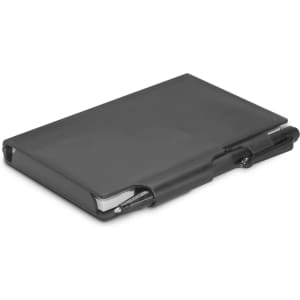 A black notebook with a pen attached, featuring a sleek, compact design.