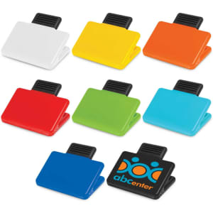 A collection of magnetic clips in white, yellow, green, orange, red, blue, and black with a logo on one clip.