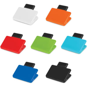 A collection of magnetic clips in white, orange, red, green, blue, turquoise, and black. Each clip features a black grip.