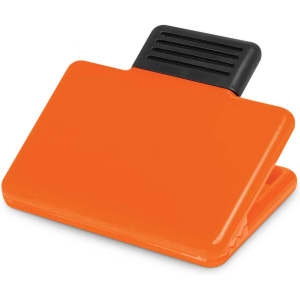 An orange magnetic clip with a black grip. It features a simple design and has a branding logo on it.