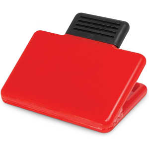 A red Pronto Magnetic Clip with a black grip, designed for holding documents or notes, featuring a logo.
