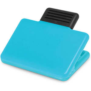 A turquoise magnetic clip with a black grip on top, suitable for holding papers or notes.
