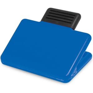 A blue magnetic clip with a black grip on the top, designed for office and business use.