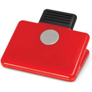 A red magnetic clip with a black handle and a silver circular emblem on the front.