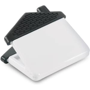 A white magnetic clip with a black house-shaped top and textured surface for grip. It features a branding logo.