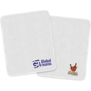 A white polishing cloth featuring a logo on one side and an illustration of a bowling character on the other.