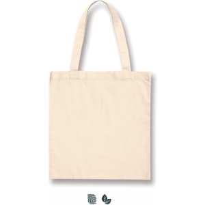 A light beige cotton tote bag with long handles and a plain design. It features a logo at the bottom.