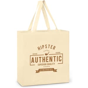 A cream cotton tote bag with long handles and a logo. Features a vintage design theme.