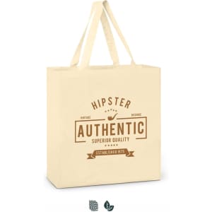 A beige cotton tote bag with handles, featuring a logo and text in a brown print.