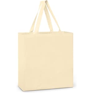A cotton tote bag in a light beige color with two shoulder straps.