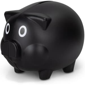 A black piggy bank featuring a classic pig design with white eyes and a coin slot on top.