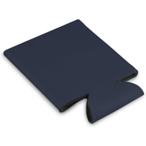 A drink bottle cooler in navy blue with a sleek design and a logo. Ideal for keeping beverages cold.