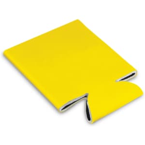A yellow stubby cooler featuring a cut-out section and a grey interior, designed to hold drink bottles.